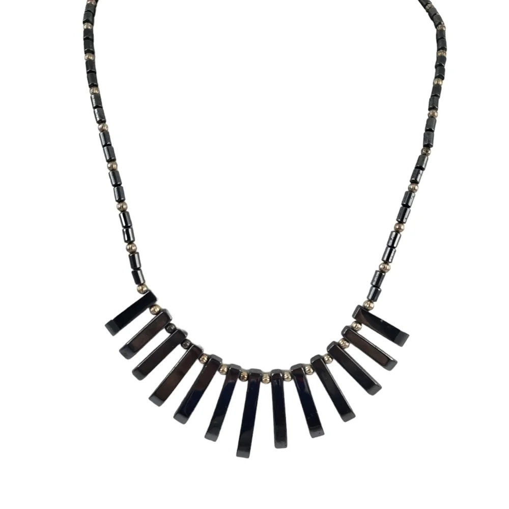Vintage hematite statement necklace antique silver tone